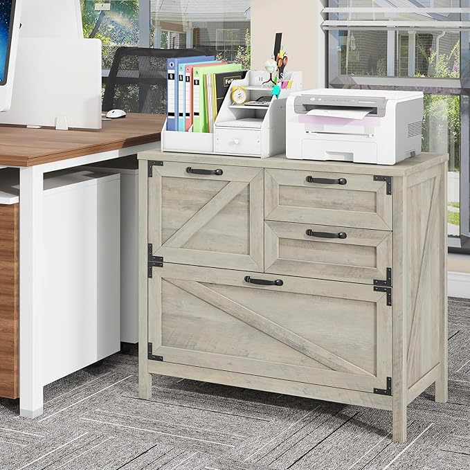 Lateral File Cabinet with 4 Drawers, Farmhouse File Cabinet for Letter/Legal/A4 Size Hanging Files, Large Wood File Storage Cabinets Printer Stand for Home Office Cabinets, Rustic Grey