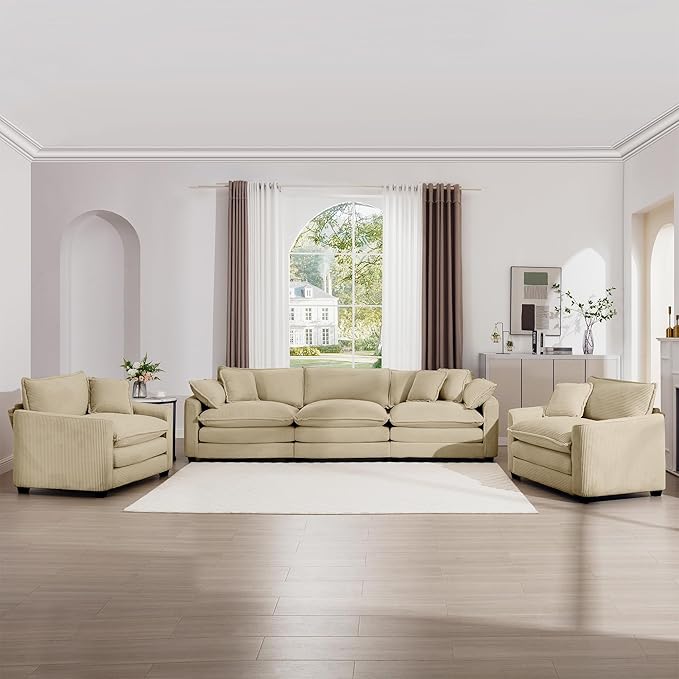 mikibama Luxury 3 Piece Sofa Set, 3-Seater & 2 Single Sofa Set, Modern Corduroy Comfy Cloud Couches Set for Living Room Office with 2 Armrest Pillows and 5 Toss Pillows, Camel