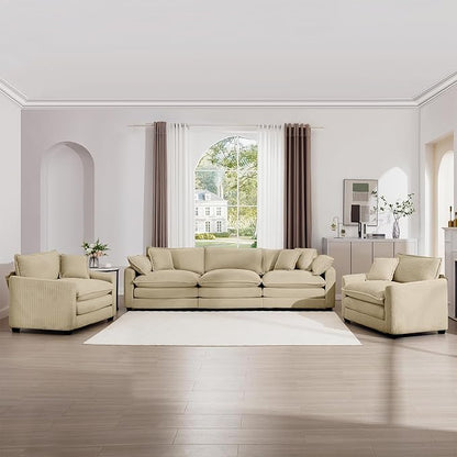 mikibama Luxury 3 Piece Sofa Set, 3-Seater & 2 Single Sofa Set, Modern Corduroy Comfy Cloud Couches Set for Living Room Office with 2 Armrest Pillows and 5 Toss Pillows, Camel