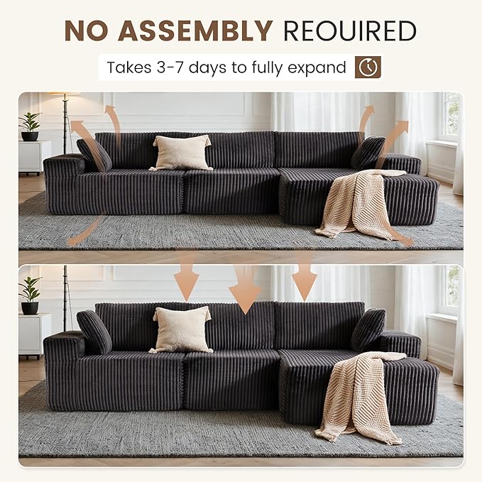 Apicizon 113" Sectional Sofa Couch for Living Room, 3 Seat Boneless Sofa with Chaise Longue, L-Shape Modular Sectional Couches with Deep Seat for Apartment，No Assembly Required (Stripe Corduroy Gray)