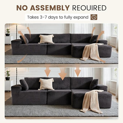 Apicizon 113" Sectional Sofa Couch for Living Room, 3 Seat Boneless Sofa with Chaise Longue, L-Shape Modular Sectional Couches with Deep Seat for Apartment，No Assembly Required (Stripe Corduroy Gray)