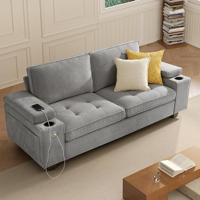 74" Loveseat Couch for Living Room,Modern Chenille Upholstered Sofa with Adjustable Storage Armrest,Cup Holders,USB & Type-C Ports,Solid Wood 2-Seater Loveseat Sofa for Apartment(Gray)