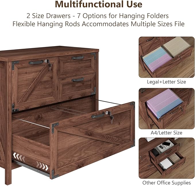 Lateral File Cabinet with 4 Drawers, Farmhouse File Cabinet for Letter/Legal/A4 Size Hanging Files, Large Wood File Storage Cabinets Printer Stand for Home Office Cabinets, Brown with Lock
