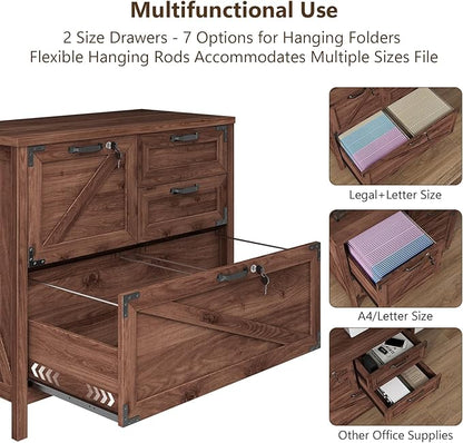 Lateral File Cabinet with 4 Drawers, Farmhouse File Cabinet for Letter/Legal/A4 Size Hanging Files, Large Wood File Storage Cabinets Printer Stand for Home Office Cabinets, Brown with Lock