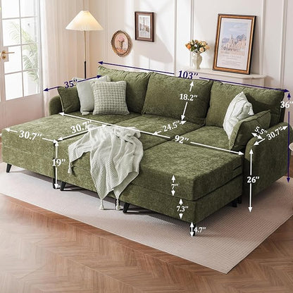 104'' Modular Sectional Sofa with All Seats Storage, Oversized Sleeper Sofa Bed,3-Seater Comfy Cloud Couch with Movable Ottoman,Big Sectional Couches for Living Room Bedroom,Velet,Green