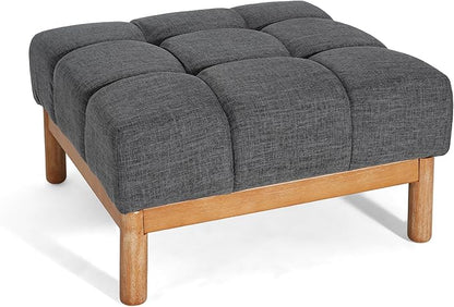 Christopher Knight Home Annette Square Ottoman Footstool with Grid Tufting, Living Room Sofa Ottoman with Wood Frame, Fabric Upholstery Coffee Table, Comfy Seating with Dense Foam Padding, Gray