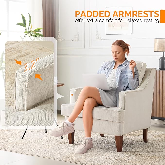 VINGLI Mid-Century Modern Accent Chairs Set of 2, Beige Upholstered Armchair Comfy Sofa Chairs Reading Chair High Back for Living Room Bedroom Furniture Apartment