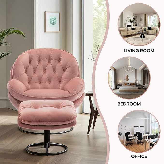 360° Swivel Modern Velvet Accent Chair with Ottoman | Mid-Century Button Tufted Lounge Chair for Living Room & Bedroom, Pink