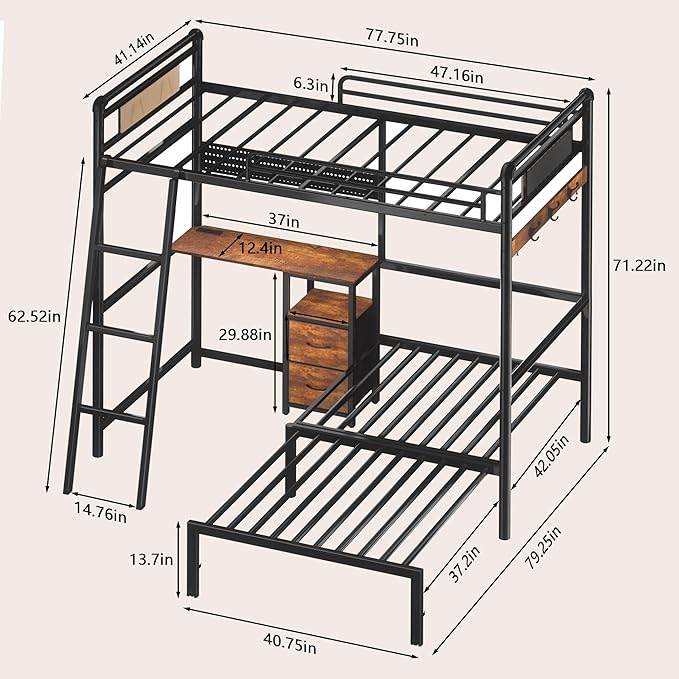 Bunk Bed Twin Over Twin, Industrial Heavy Duty Metal Bed with LED Lights & Charging Sation, bunk beds for Kids, School, Bedroom, Safety Guardrail and Ladder