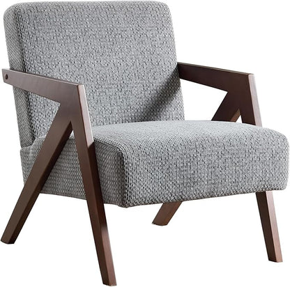 Bonzy Home Mid-Century Modern Accent Chair with Solid Wood Frame, Upholstered Armchair for Bedroom & Living Room,Reading Side Chair with Soft Lien Fabric Cushion,Easy Assembly,Light Grey