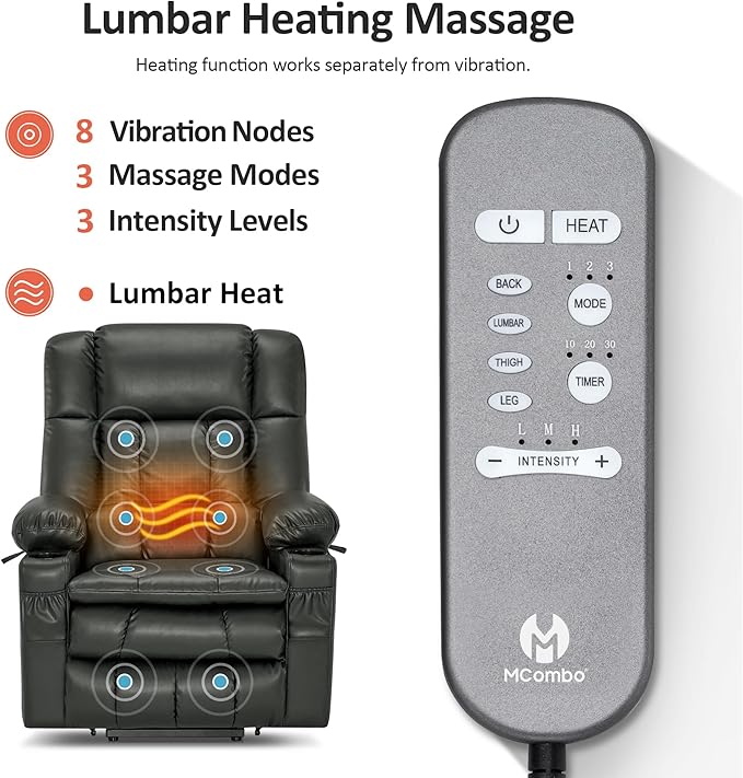 MCombo Dual Motor Large Power Lift Recliner Chair for Elderly, Lay Flat Lift Chair with Heat and Massage, Big Lift Recliner for Tall People, Faux Leather 7896 (Grey, Large)