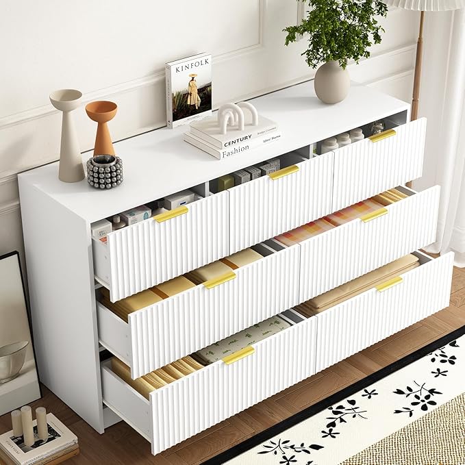 3-Piece Modern Bedroom Furniture Set, Wide 7-Drawer Dresser & 2-Drawer Nightstands Set of 2, Natural Wood Dresser and Nightstand Sets for Bedroom, Hallway, White