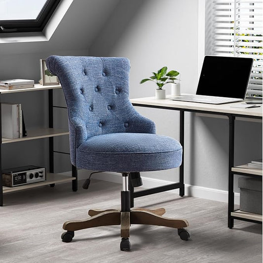 HUIMO Home Office Chair Upholstered Armless Desk Chair with Wheels Adjustable Height Computer Desk Chair with Wooden Legs Linen Comfortable Swivel for Farmhouse Study Studio (Blue)