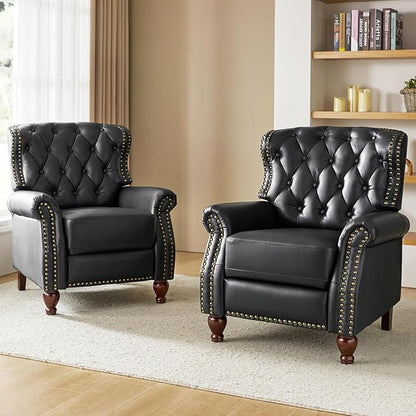 HULALA HOME Genuine Leather Recliner Chair with Solid Wood Feet, Modern Adjustable Tufted Push Back Arm Chair w/Rivet Decoration, Home Theater Seating Single Reclining Sofa for Living Room, Black