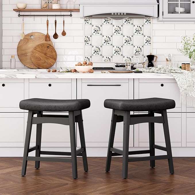 ALPHA HOME Black Bar Stools Set of 2, Solid Wood Saddle Kitchen Island Stools with PU Leather Cushion Backless Counter Height Barstools with Wooden Base for Kitchen Dining Cafe, 24 Inch, Black, 2PCS