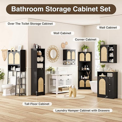 Rattan Bathroom Wall Cabinet, Boho Medicine Wall Cabinets with Door and Adjustable Shelves, Tall Kitchen Wall Mounted Storage Cabinet, Floating Hanging Cabinet Space Saver for Laundry Room,Black