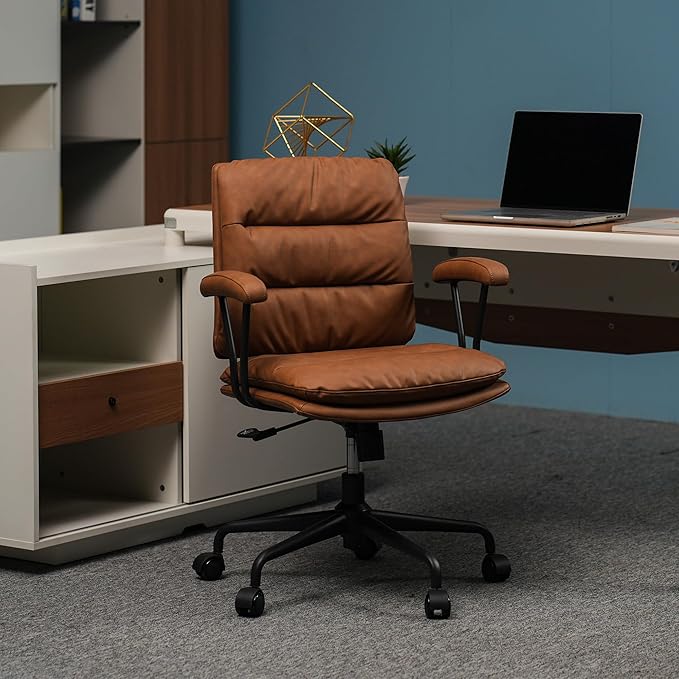 Brown Office Desk Chair, PU Leather Chair with Lumbar Support, Removable Armrests, Comfortable Adjustable Swivel Task Chair for Home, Office, Small Space,Dresser, Bedroom