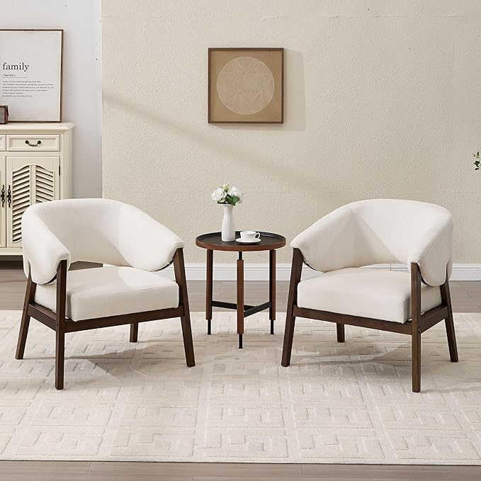 Mid-Century Modern Accent Chair Set of 2, Comfy Barrel Armchair Living Room Chair for Bedroom, Upholstered Lounge Chairs for Reading Nook Office, White Chenille, Wood Legs