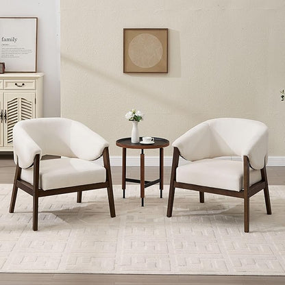 Mid-Century Modern Accent Chair Set of 2, Comfy Barrel Armchair Living Room Chair for Bedroom, Upholstered Lounge Chairs for Reading Nook Office, White Chenille, Wood Legs