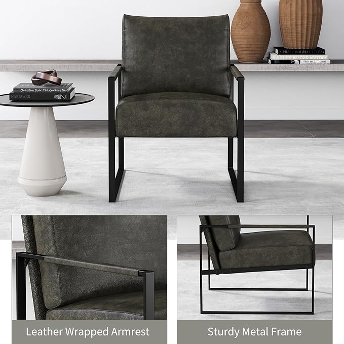 CANMOV Mid Century Modern Accent Chair, PU Leather Armchair with Metal Frame,Comfy Single Reading Chair with Soft Padded Backrest and Cushion for Living Room, Bedroom,Reading Room,Office,Dark Grey