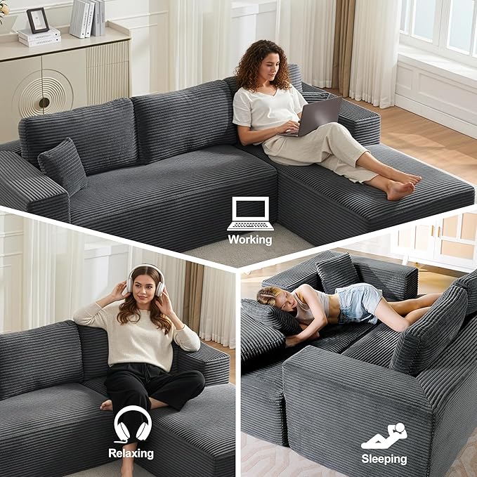 L-Shape Cloud Modular Sectional Sofa Couch,Modern Boneless Sectional Couch with Deep Seat,Upholstered Couches for Living Room Bedroom,No Assembly Required,Grey