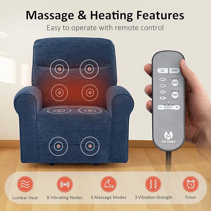 MCombo Dual Motor Power Lift Recliner Chair with Massage and Heat for Elderly, USB Ports, Lay Flat, Fabric 7666 (Navy Blue)