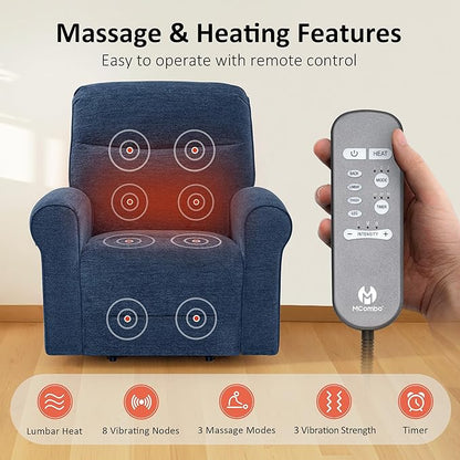 MCombo Dual Motor Power Lift Recliner Chair with Massage and Heat for Elderly, USB Ports, Lay Flat, Fabric 7666 (Navy Blue)