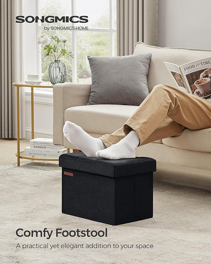 SONGMICS Storage Ottoman, Foldable Small Ottoman Foot Rest, 12.2 x 16.1 Inches Foot Stool, Ottoman with Storage, Load up to 286 lb, for Living Room, Bedroom, Dorm, Ink Black ULSF200B01
