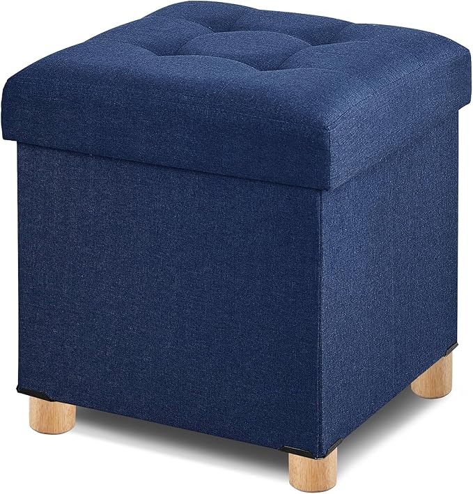BRIAN & DANY Ottoman with Storage, Square Storage Ottoman for Dorm, Linen Folding Ottoman Foot Stool with Legs for Living Room and Bedroom, 17.7"x17.7"x20" - Blue