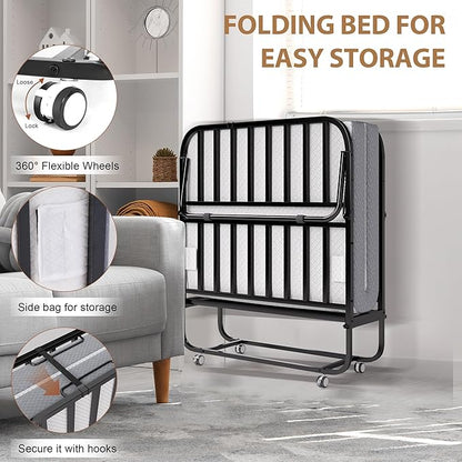 Folding Bed with Memory Foam Mattress, Portable Rollaway Guest Beds on Wheels, 75"x38" Twin Size Space-Saving Cot-Size Bed for Adults with Easy Assembly Metal Frame (White)