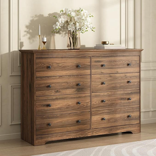 Dresser for Bedroom, 8 Drawer Dresser with Large Drawers, 55 Inch Wide Wood Chest for Living Room, Hallway, Walnut