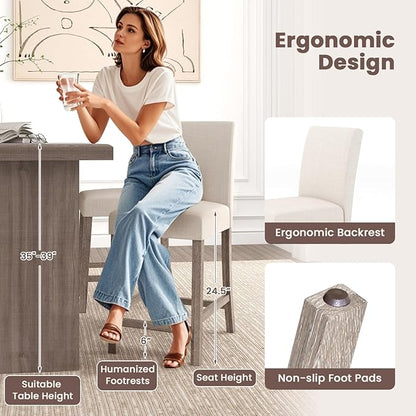 COSTWAY Upholstered Counter Height Stools Set of 4, Bar Stools w/Ergonomic Backrest, Solid Wood Frame, 24.5” Fabric Counter Height Chairs for Kitchen Island, Dining Room, Pub (Beige)