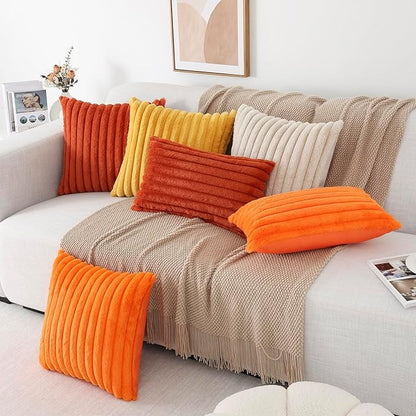 Pallene Faux Fur Plush Fall Throw Pillow Covers 12x20 Set of 2, Luxury Soft Fluffy Striped Decorative Pillow Covers for Sofa, Couch, Living Room, Burnt Orange
