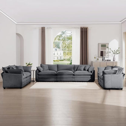 mikibama Luxury 3 Piece Sofa Set, 3-Seater & 2 Loveseat Couch Set, Modern Corduroy Comfy Cloud Couches Set for Living Room Office with 6 Armrest Pillows and 7 Toss Pillows, Grey