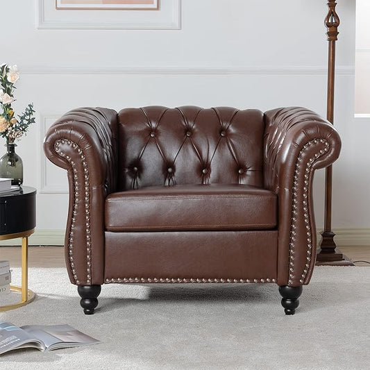 LEVNARY Leather Chesterfield Chair, Mid-Century Modern Single Sofa Chair, Tufted Upholstered Rolled Armchair for Home Bedroom Reading Room (Dark Brown)