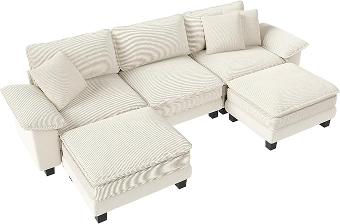 123-Inch U Shaped Sectional Sofa with Cloud Cushions, Deep Seat Modular Couch Set w/ 5 Seats & 2 Ottomans, Plush Chenille & Corduroy Upholstery for Living Room, Apartment - Beige