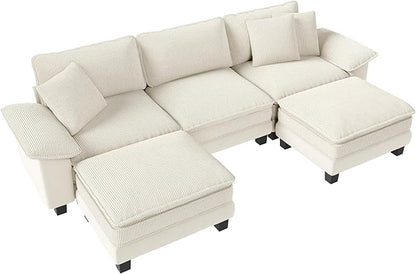 123-Inch U Shaped Sectional Sofa with Cloud Cushions, Deep Seat Modular Couch Set w/ 5 Seats & 2 Ottomans, Plush Chenille & Corduroy Upholstery for Living Room, Apartment - Beige