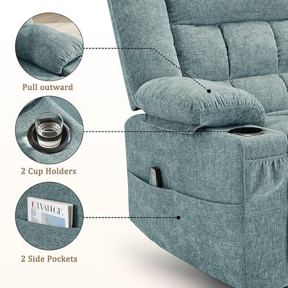 Adult 360° Swivel Rocking Recliner, Baby Room Glider Recliner with Massage and Heating, Rocking Chair with Cup Holder, Living Room and Bedroom Manual Chair (Fabric, Lake Blue)