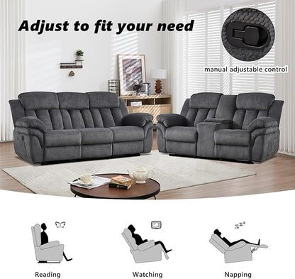 CANMOV Recliner Sofa Set, Manual Recliner Loveseat and 3-Seat Sofa with Overstuffed Armrest for Living Room,Bedroom Furniture,Office,2+3 Seat Grey