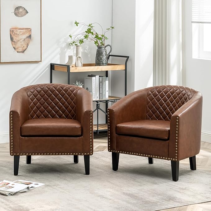 KINWELL 29" W Faux Leather Barrel Chairs Set of 2, Modern PU Upholstered Tufted Club Chairs with Nailhead Trim, Small Armchairs Accent Chairs for Living Room Bedroom Apartment Lounge Nursery, Brown