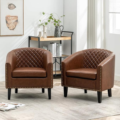 KINWELL 29" W Faux Leather Barrel Chairs Set of 2, Modern PU Upholstered Tufted Club Chairs with Nailhead Trim, Small Armchairs Accent Chairs for Living Room Bedroom Apartment Lounge Nursery, Brown