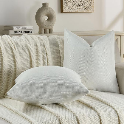 FUTEI Cream White Chenille Throw Pillow Covers 22x22 Inch Set of 2,Soft Wide Chevron Textured Cushion Case,Farmhouse Home Decor for Couch Bed Living Room