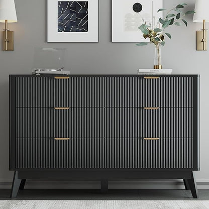 SUNWAVE 6 Drawer Dresser for Bedroom, 49.6" Wide Modern Fluted Dresser with Round Corner, Wood Chest of Drawers for Living Room