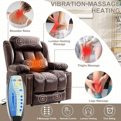 Dual Motor Large Power Lift Recliner Chair for Elderly with Heat and Massage,Lay Flat Lift Chairs Recliners for Seniors Infinite Position,USB Ports&Remote, Leather (Brown, Large)