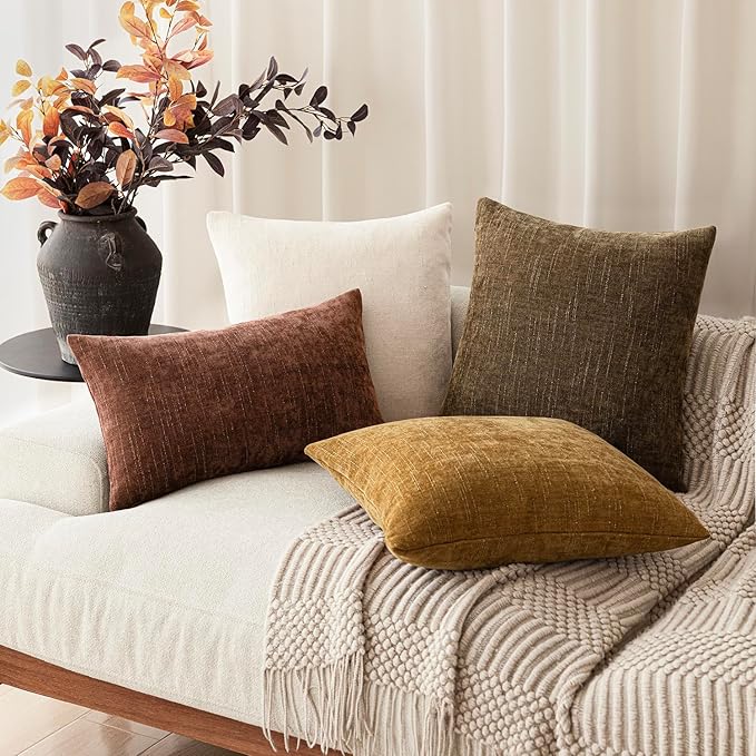 Foindtower Pack of 2 Soft Textured Chenille Throw Decorative Pillow Covers Square Accent Solid Cushion Cover Neutral Farmhouse Pillow Case for Couch Sofa Bedroom Living Room 16x16 Inch,Taupe Brown