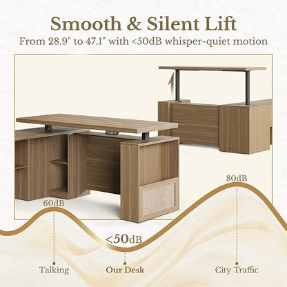 63 Inches L Shaped Standing Desk, Executive Standing Desk with Drawers and File Cabinet, AC/USB, 1.18" Desktop, Multi-Sized Storage Cubby, Privacy Panel, Rattan Computer Desk, Natural Oak