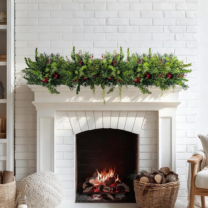 2PCS Christmas Artificial Pine Needles Branches Table Decor with Red Berry Pine Cones Greenery Stems Christmas Artificial Greenery Floral Arrangements for Garland Wreath