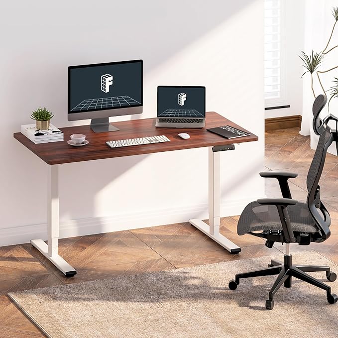 FLEXISPOT E6 3 Stages Dual Motor Electric Standing Desk 48x24 Inch Whole-Piece Board Height Adjustable Desk Electric Sit Stand Desk(White Frame + Mahogany Desktop, 2 Packages)