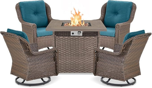 Outdoor Patio Swivel Gliders with Fire Pit Table 5 Piece Set - High Back Brown Wicker Rattan Rocking Chair with Thick Cushion for Porch Apartment Deck Yard Poolside Garden - Peacock Blue