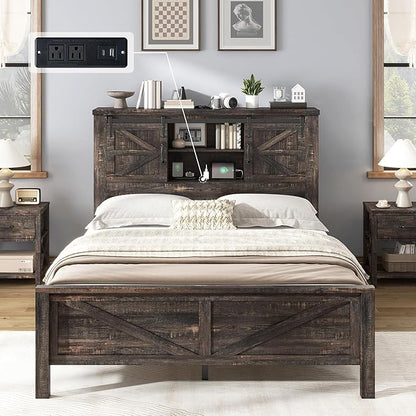 AMERLIFE Farmhouse Full Bed Frame with Storage Headboard & Charging Station, Rustic Wood Platform Bed with Barn Door Bookcase, No Box Spring Needed, Dark Oak Bedroom Furniture